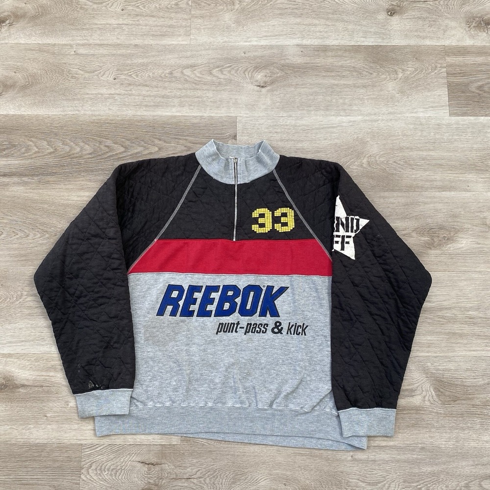 Vintage 80s Reebok 1/4 Zip Rugby Sweatshirt Quilted Sweater Men's Size Large